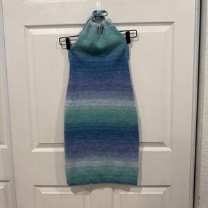 Tiger Mist Blue Green Ombre Halter Neck Backless Knit Mini Dress Small
